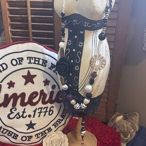 Black and White Beaded Necklace with Purple Accents